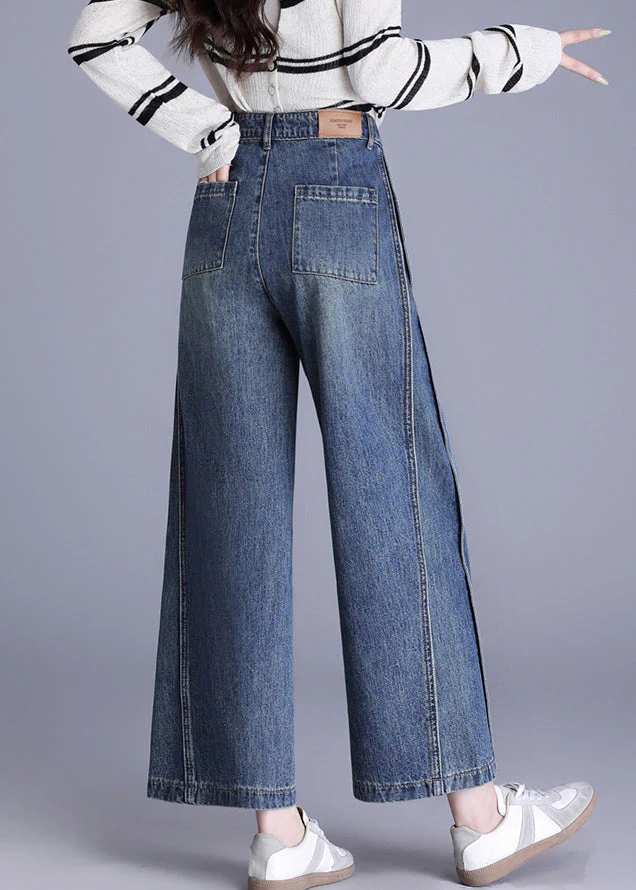 New Blue Pockets Patchwork Denim Crop Pants Spring - Image 4
