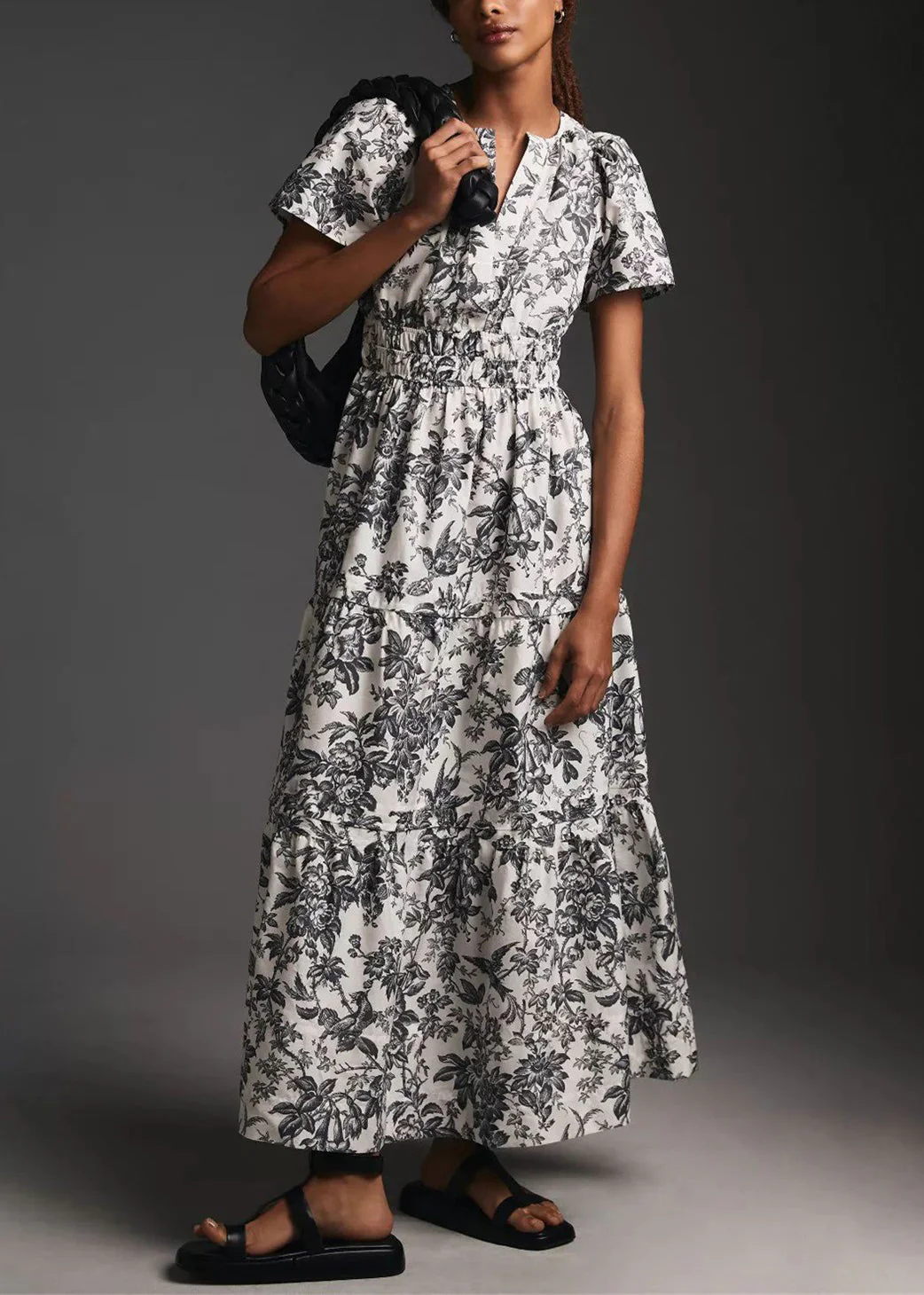 New Blue Print Elastic Waist Cotton Long Dress Summer - Image 2