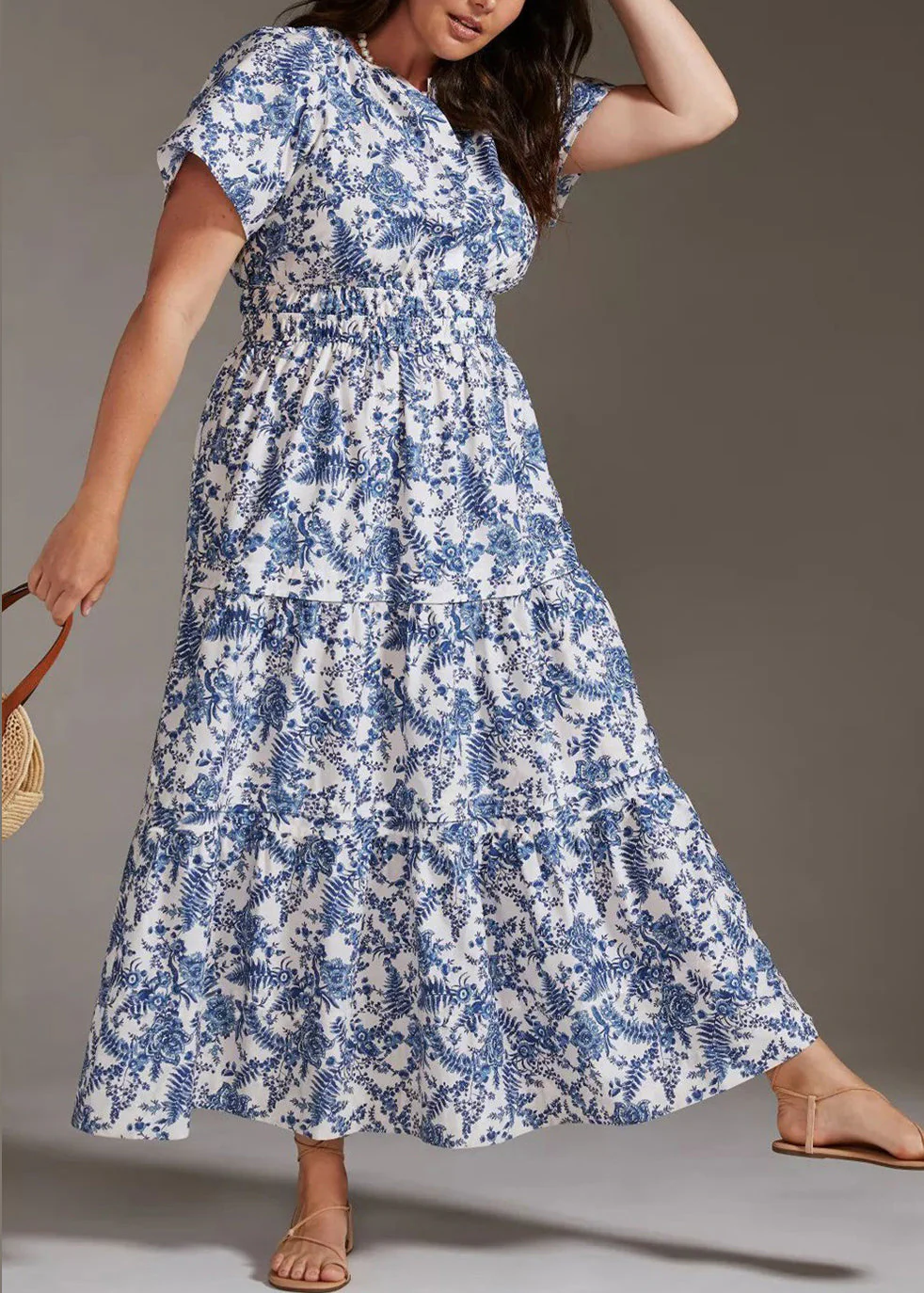 New Blue Print Elastic Waist Cotton Long Dress Summer - Image 3