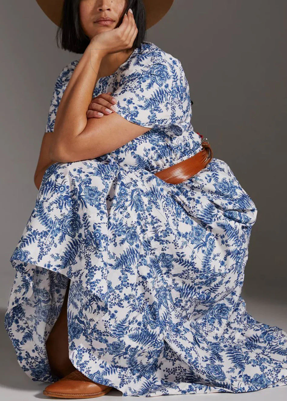 New Blue Print Elastic Waist Cotton Long Dress Summer - Image 4