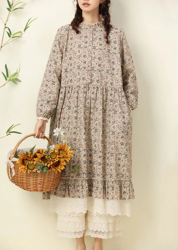 New Blue Print Lace Patchwork Cotton Long Dresses Spring - Image 2