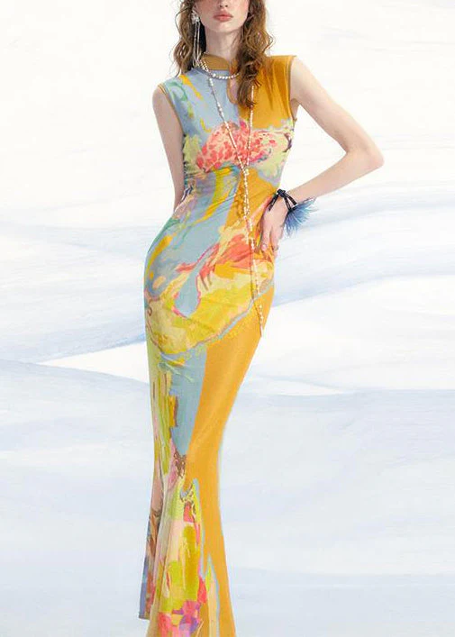 New Blue Print Wear On Both Sides Tulle Long Dress Sleeveless