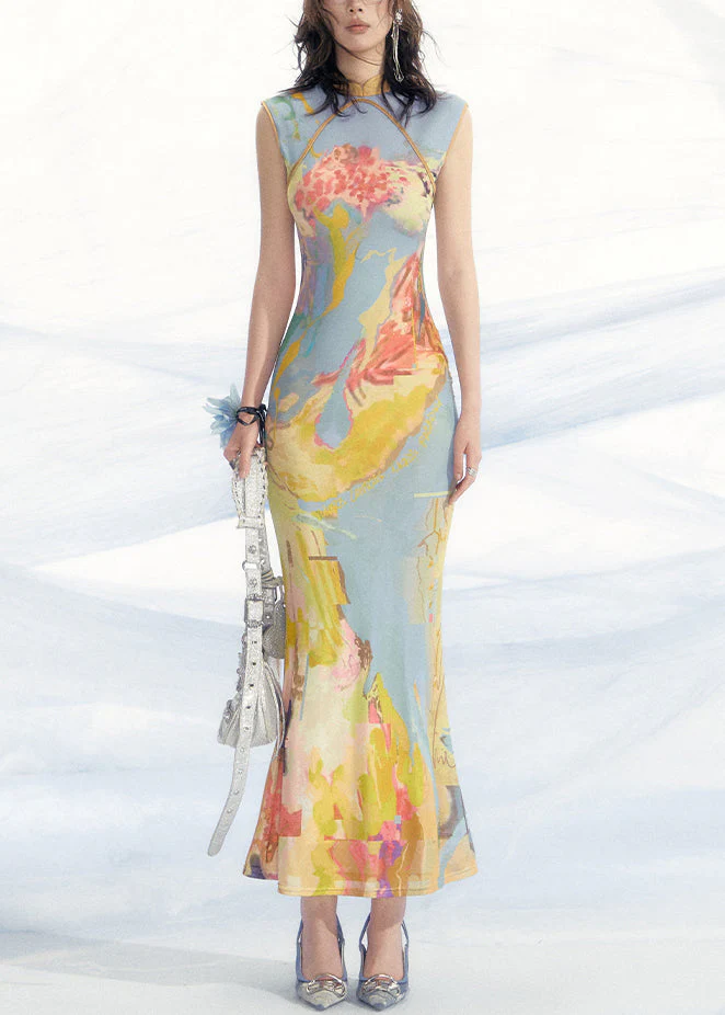 New Blue Print Wear On Both Sides Tulle Long Dress Sleeveless - Image 3