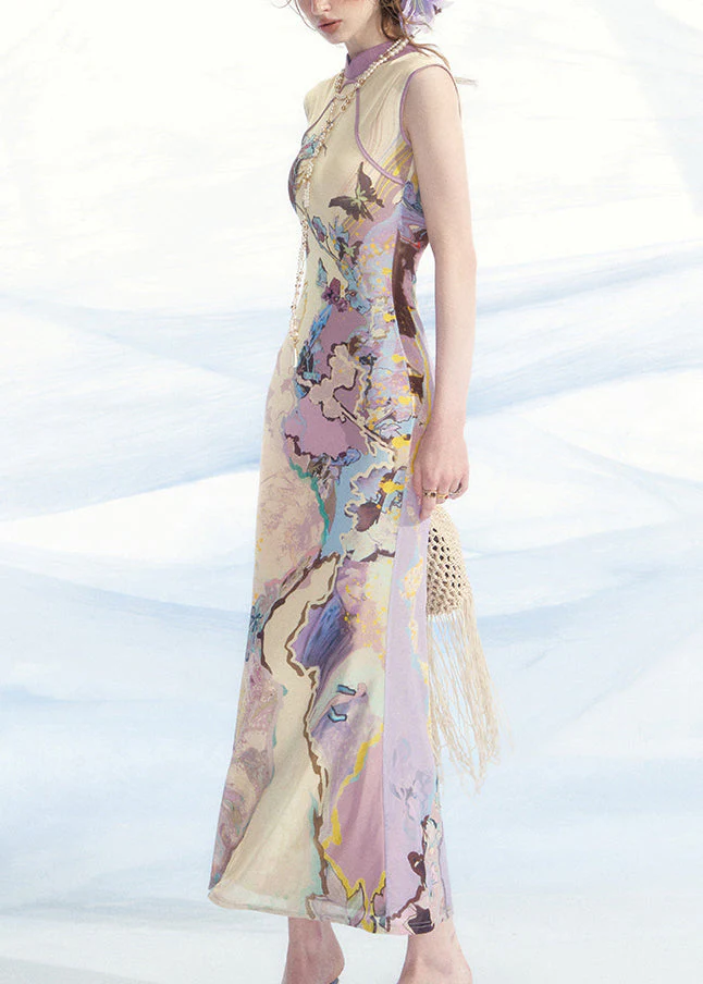 New Blue Print Wear On Both Sides Tulle Long Dress Sleeveless - Image 4