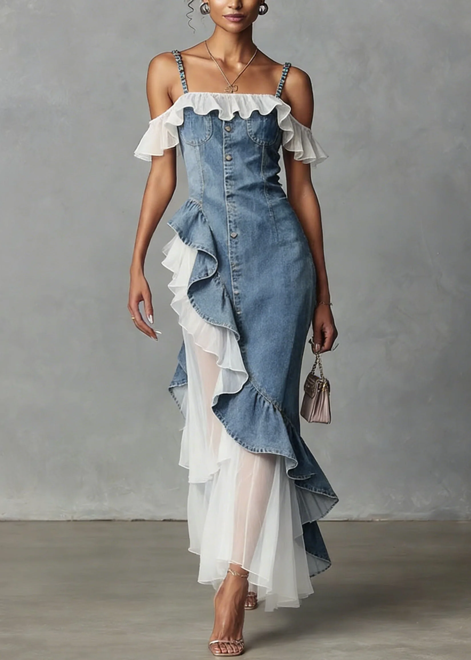 New Blue Ruffled Asymmetrical Tulle Patchwork Denim Dress Summer - Image 3