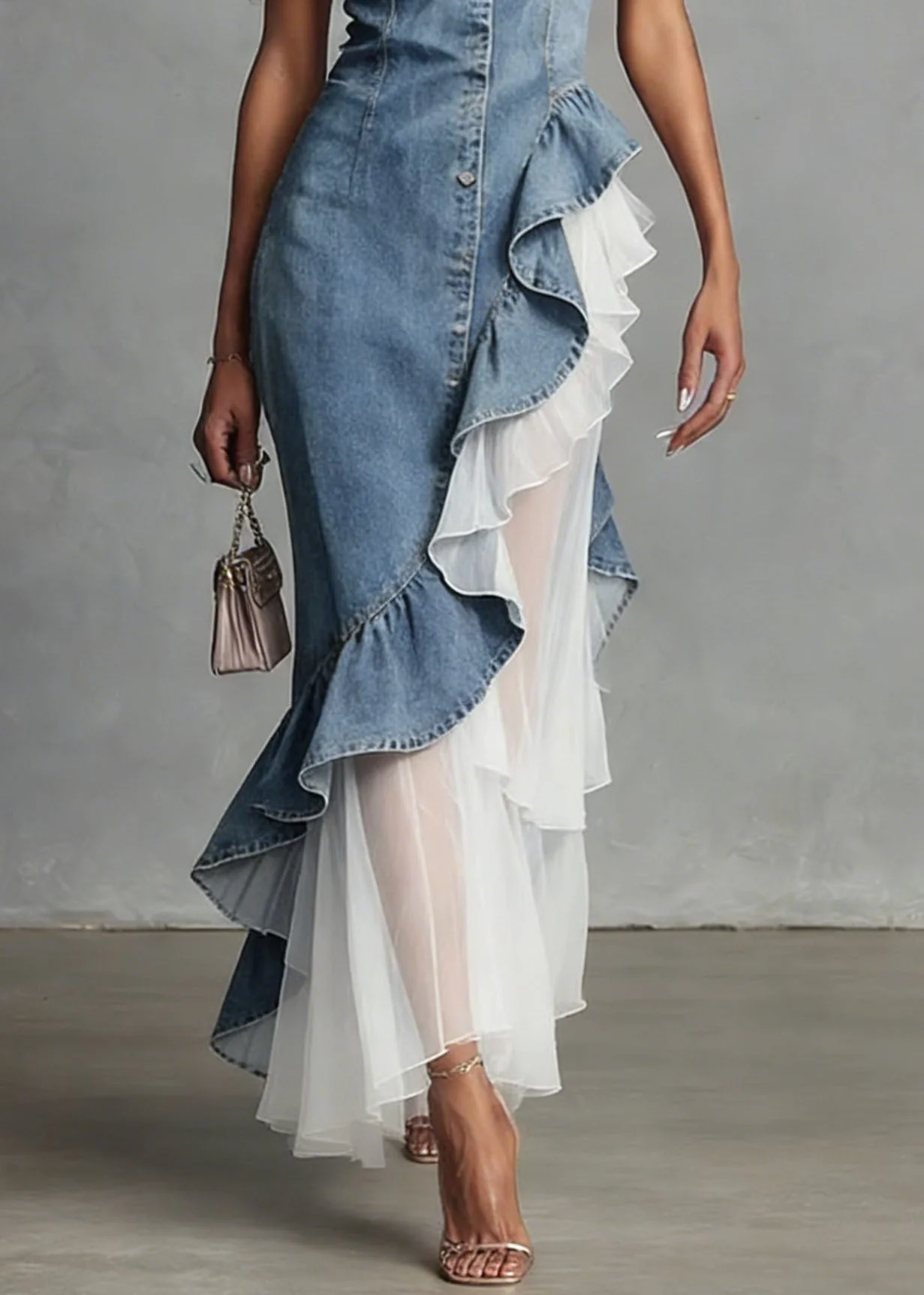 New Blue Ruffled Asymmetrical Tulle Patchwork Denim Dress Summer - Image 4