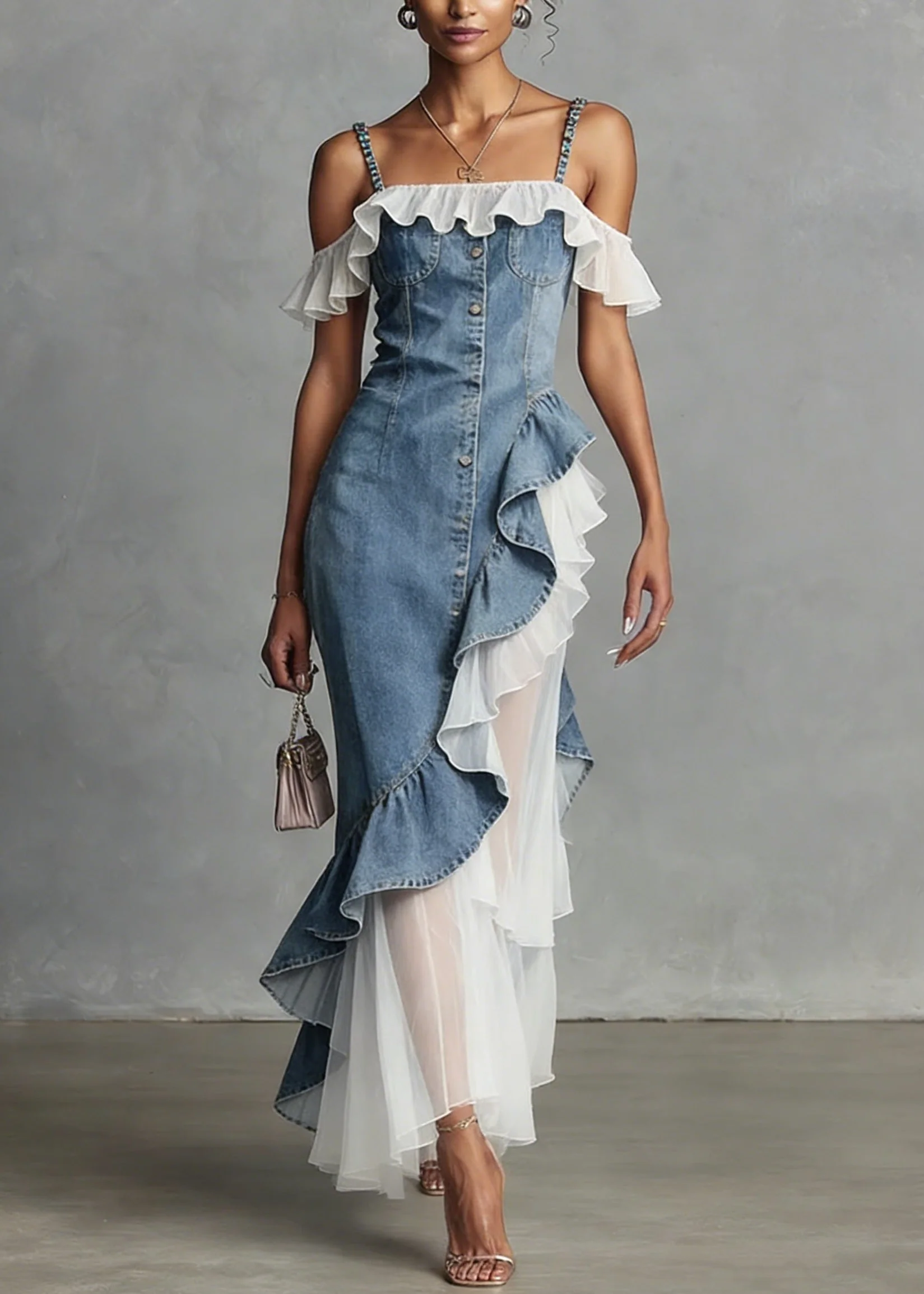 New Blue Ruffled Asymmetrical Tulle Patchwork Denim Dress Summer - Image 5