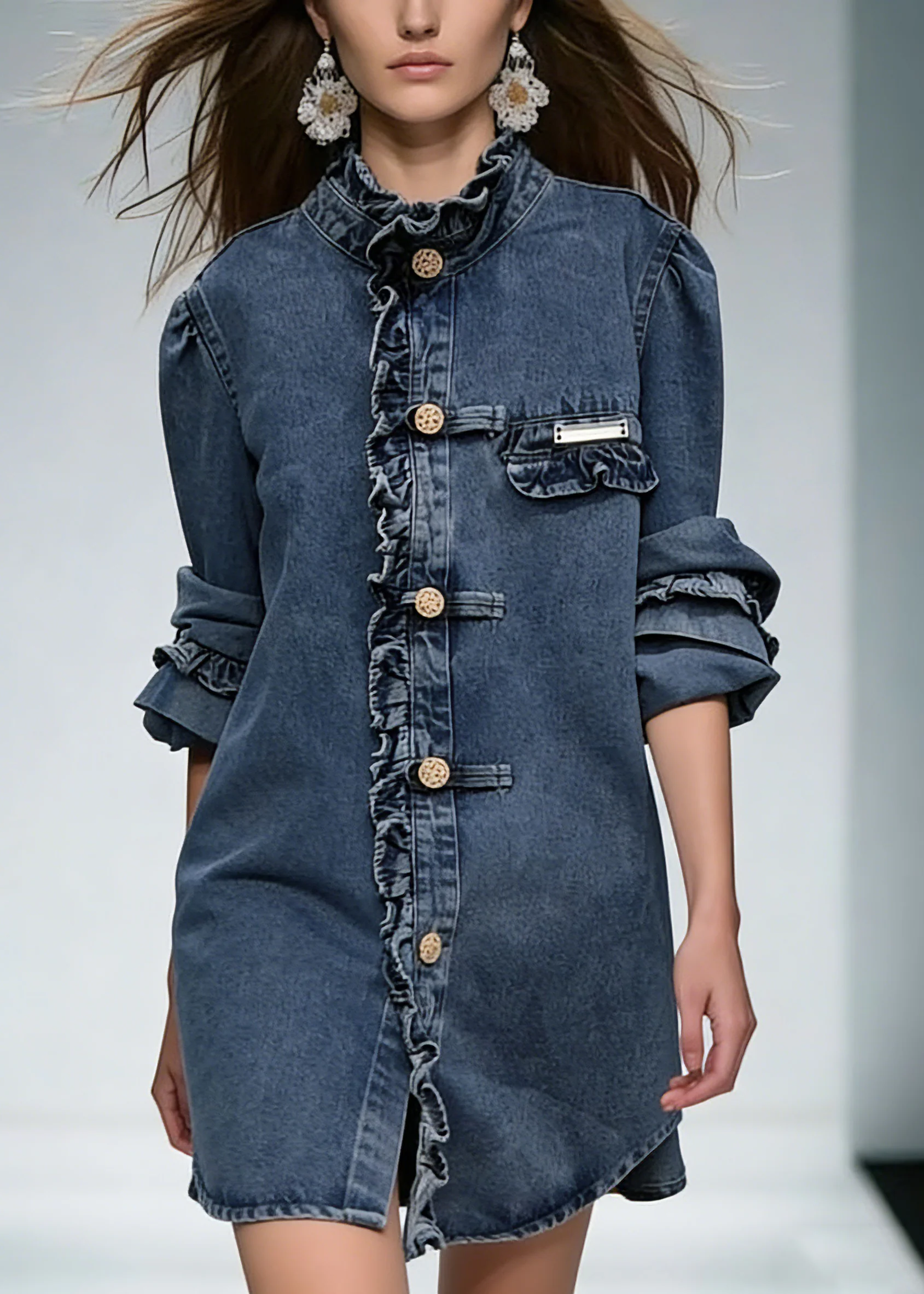 New Blue Ruffled Button Denim Coats Long Sleeve - Image 5
