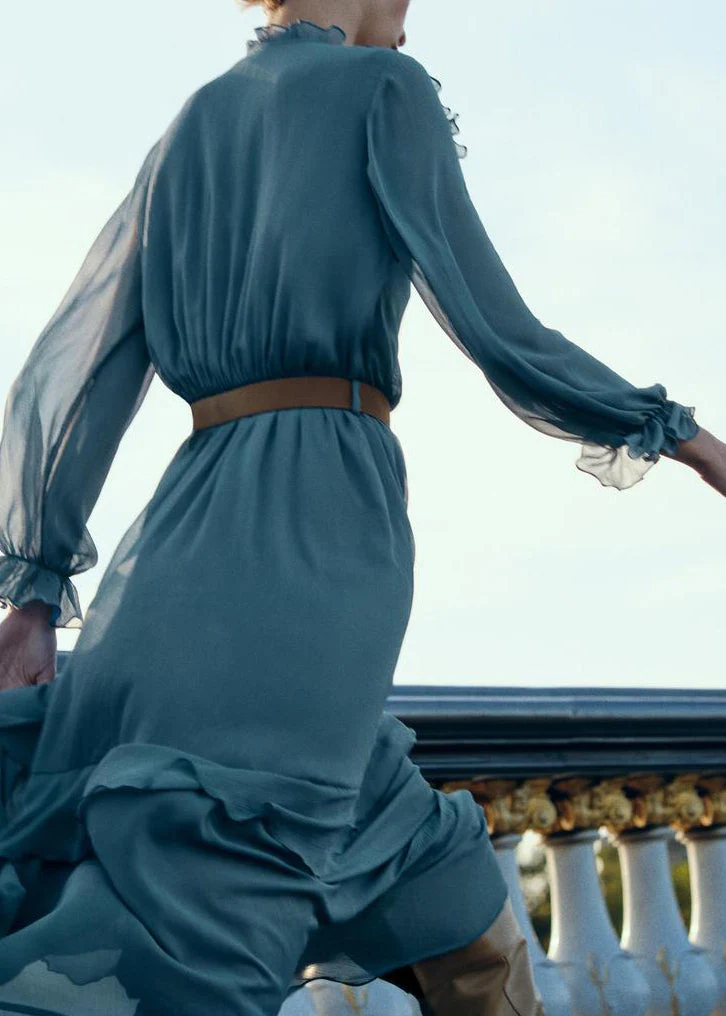 New Blue Ruffled Sashes Solid Chiffon Long Dresses Fall - Image 3
