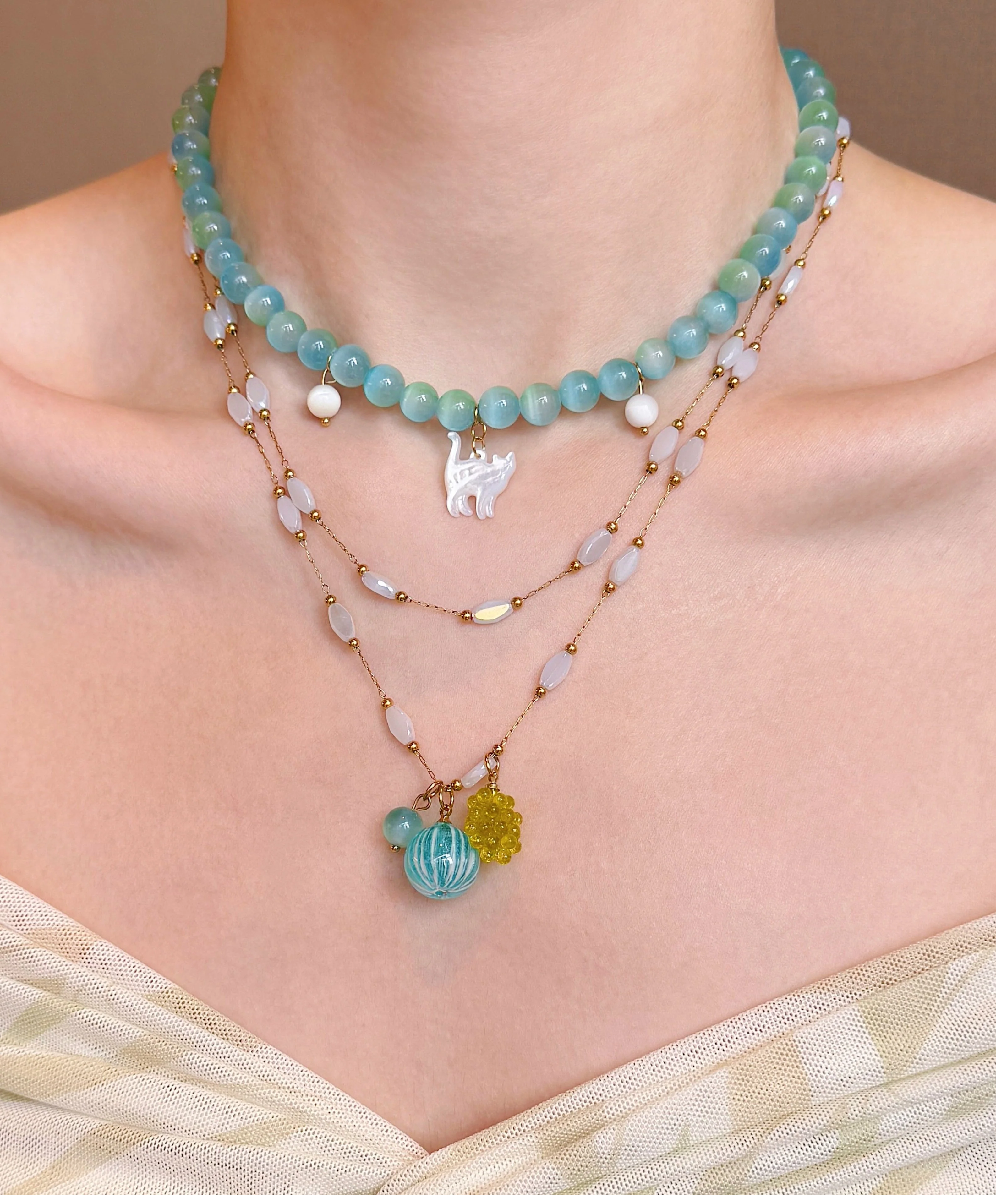 New Blue Stringing Beads Layering Alloy Two Piece Set Pendant Necklace - Image 2