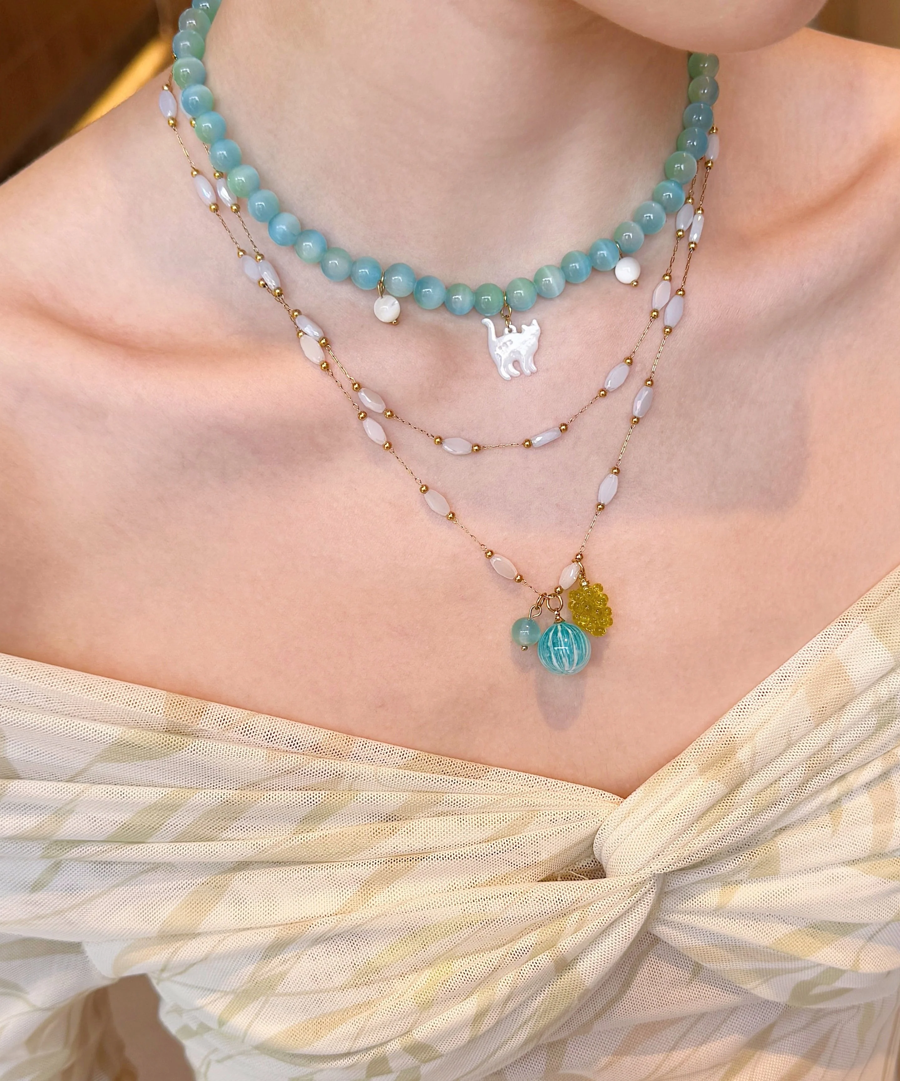 New Blue Stringing Beads Layering Alloy Two Piece Set Pendant Necklace - Image 3