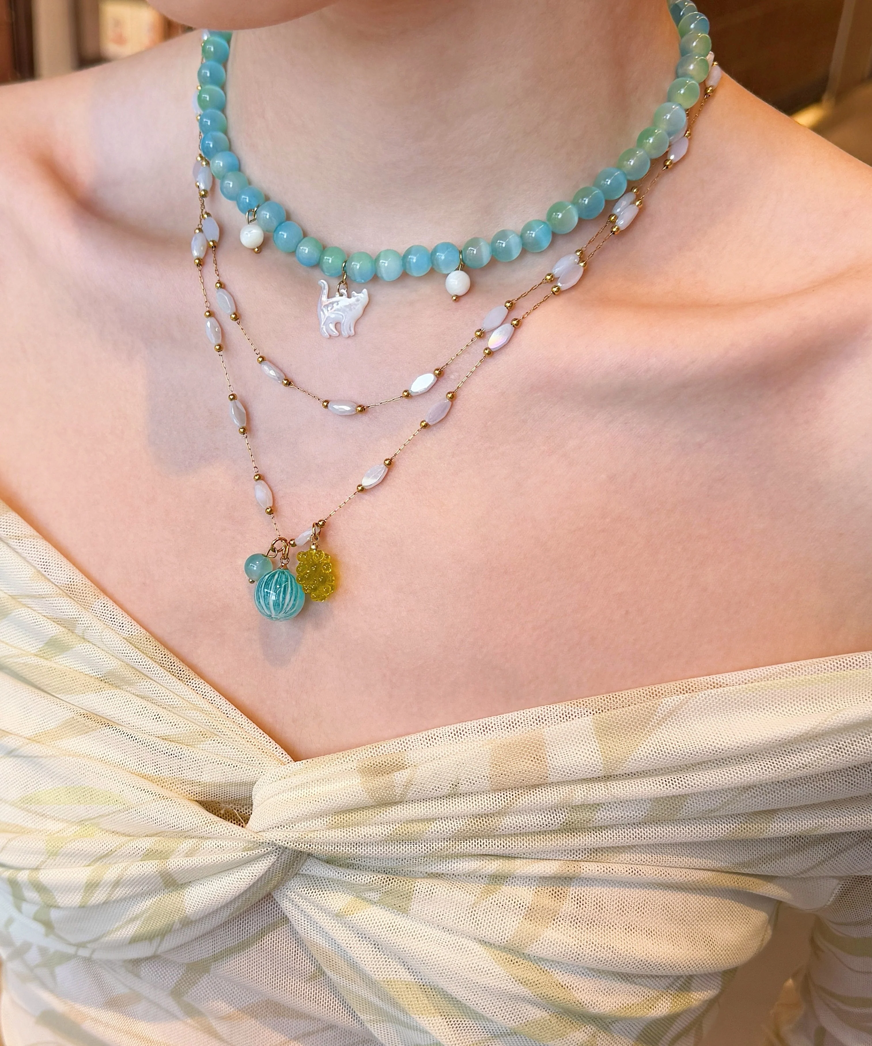 New Blue Stringing Beads Layering Alloy Two Piece Set Pendant Necklace - Image 4