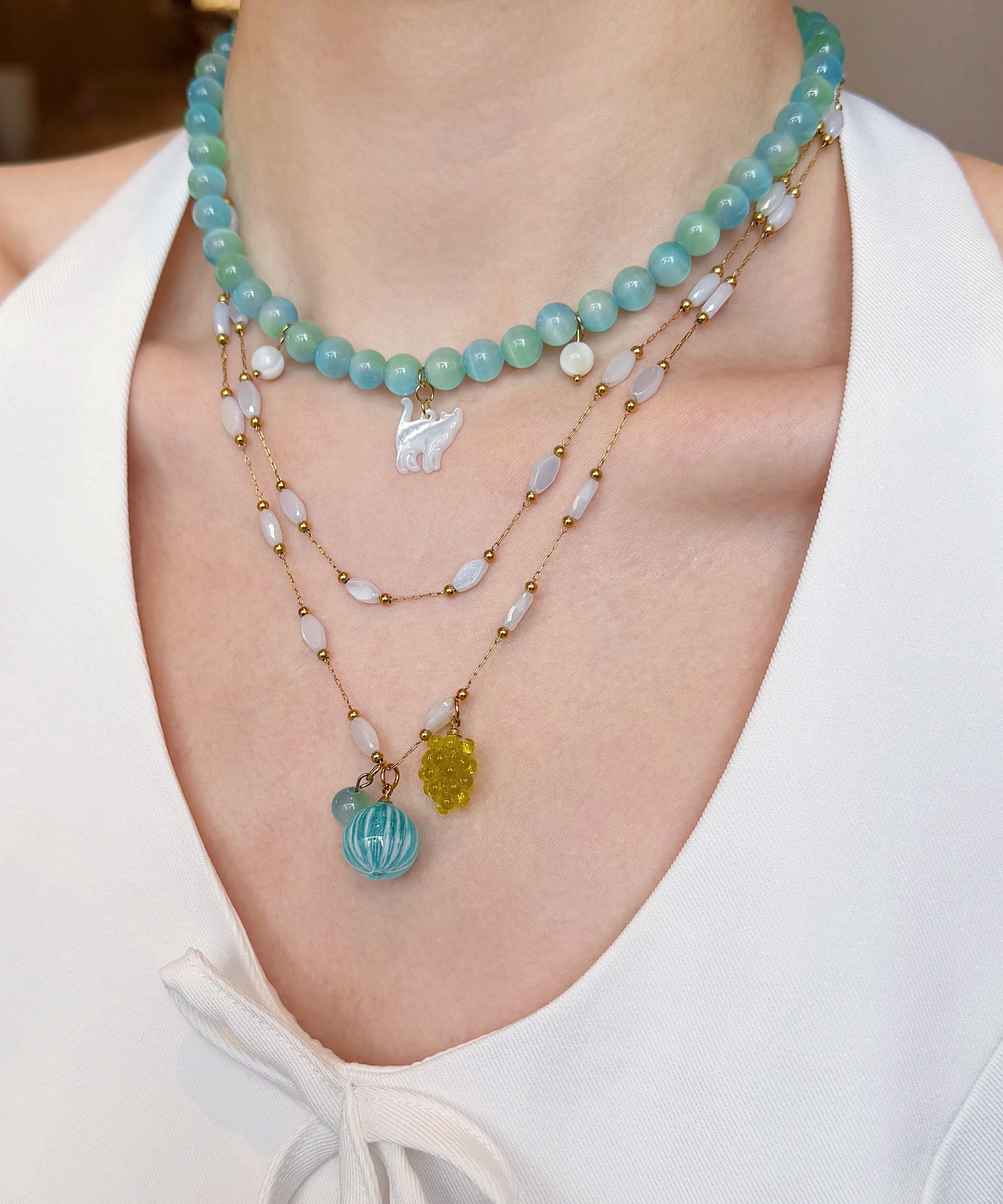 New Blue Stringing Beads Layering Alloy Two Piece Set Pendant Necklace - Image 5