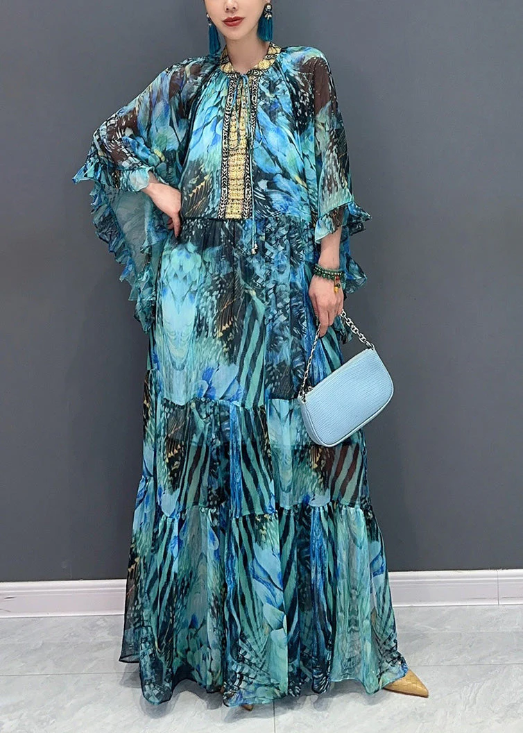 New Blue Tie Lace Patchwork Chiffon Maxi Dress Fall - Image 3