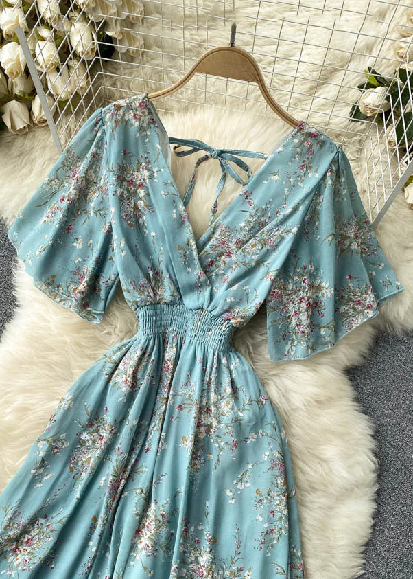 New Blue V Neck Lace Up Print Chiffon Vacation Dresses Summer - Image 4