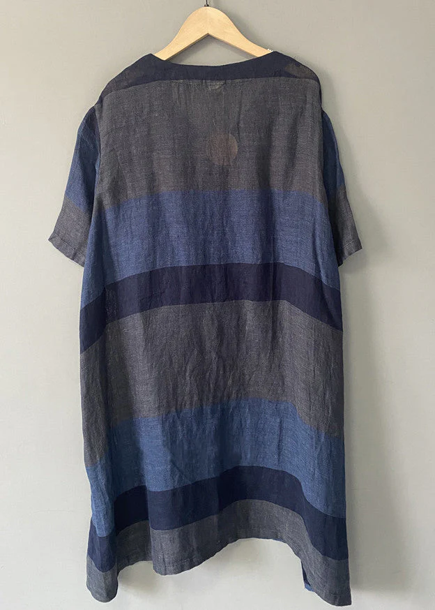 New Blue V Neck Patchwork Linen Dress Summer - Image 2
