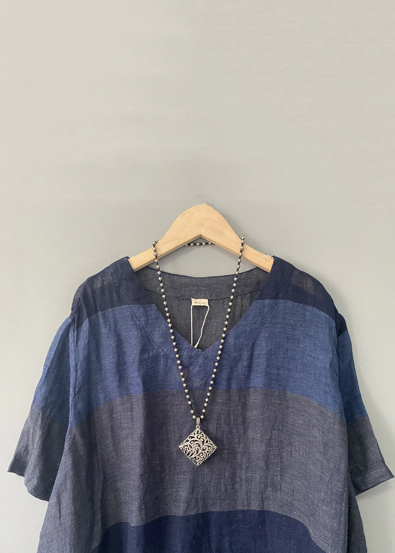 New Blue V Neck Patchwork Linen Dress Summer - Image 3
