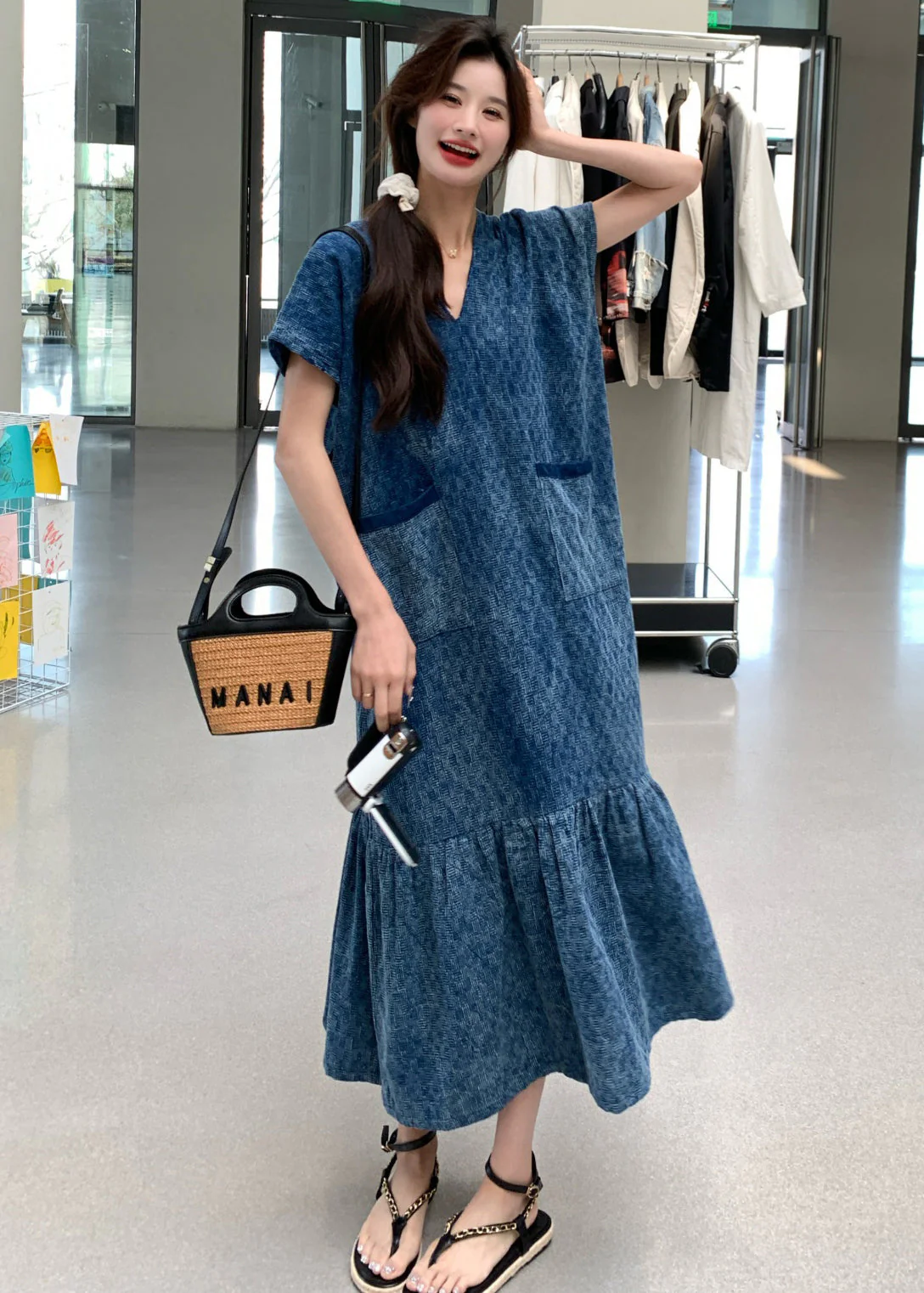 New Blue V Neck Pockets Denim Long Dress Summer - Image 2