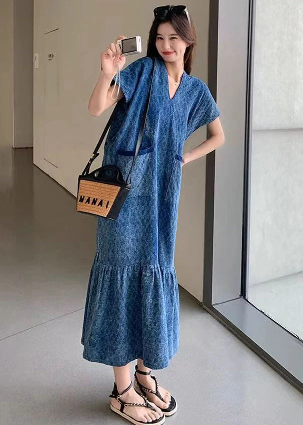 New Blue V Neck Pockets Denim Long Dress Summer - Image 3