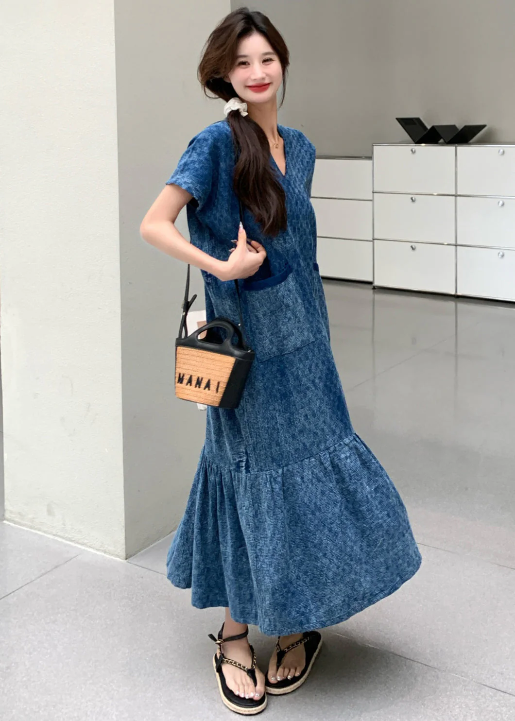 New Blue V Neck Pockets Denim Long Dress Summer - Image 4