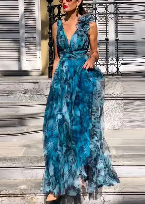 New Blue V Neck Print High Waist Chiffon Dresses Sleeveless - Image 2