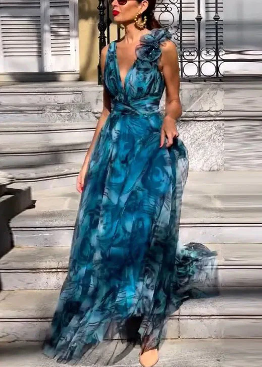 New Blue V Neck Print High Waist Chiffon Dresses Sleeveless - Image 3