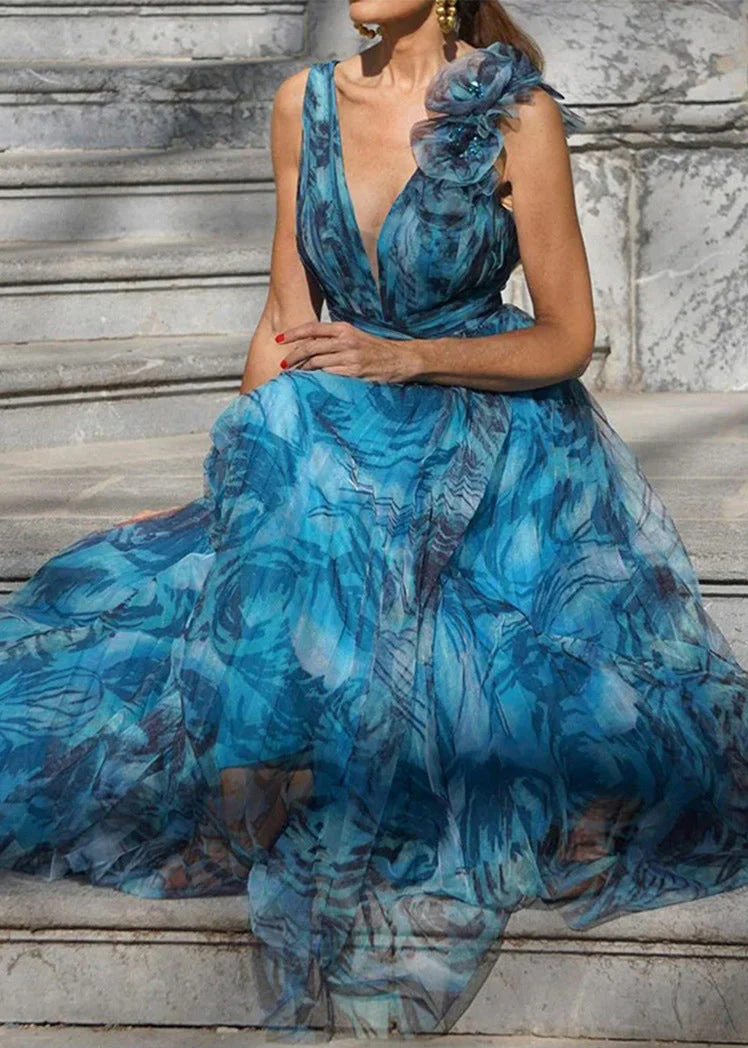 New Blue V Neck Print High Waist Chiffon Dresses Sleeveless - Image 4