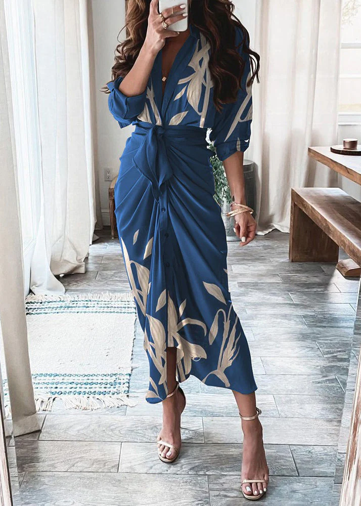 New Blue V Neck Print Lace Up Cotton Shirts Dresses Long Sleeve - Image 3
