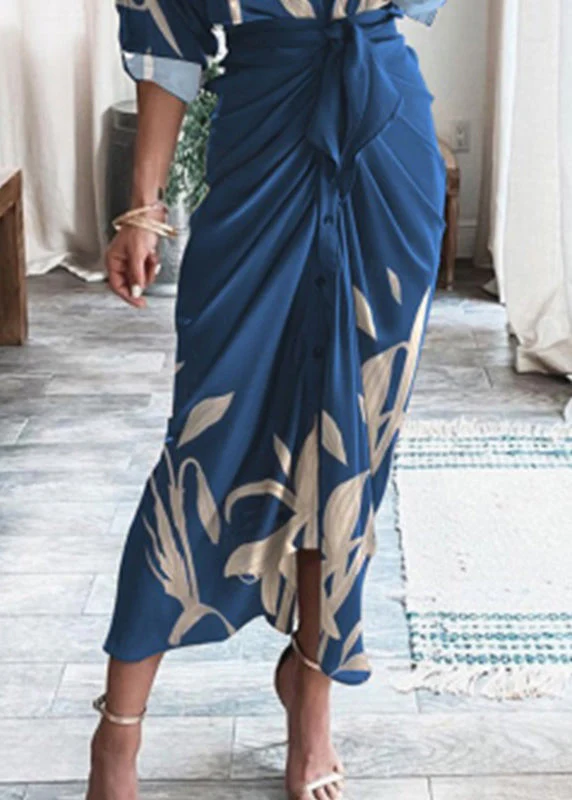 New Blue V Neck Print Lace Up Cotton Shirts Dresses Long Sleeve - Image 5