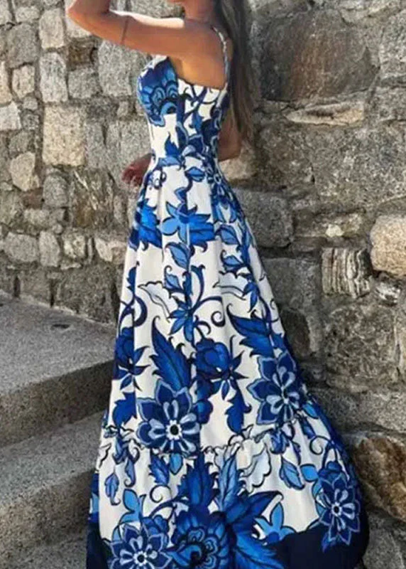 New Blue V Neck Print Side Open Cotton Spaghetti Strap Dress Sleeveless - Image 2