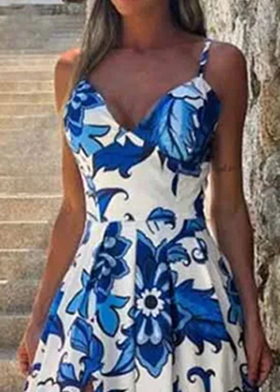 New Blue V Neck Print Side Open Cotton Spaghetti Strap Dress Sleeveless - Image 3