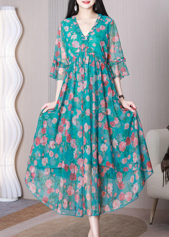 New Blue V Neck Wrinkled Print Chiffon Dress Flare Sleeve - Image 2