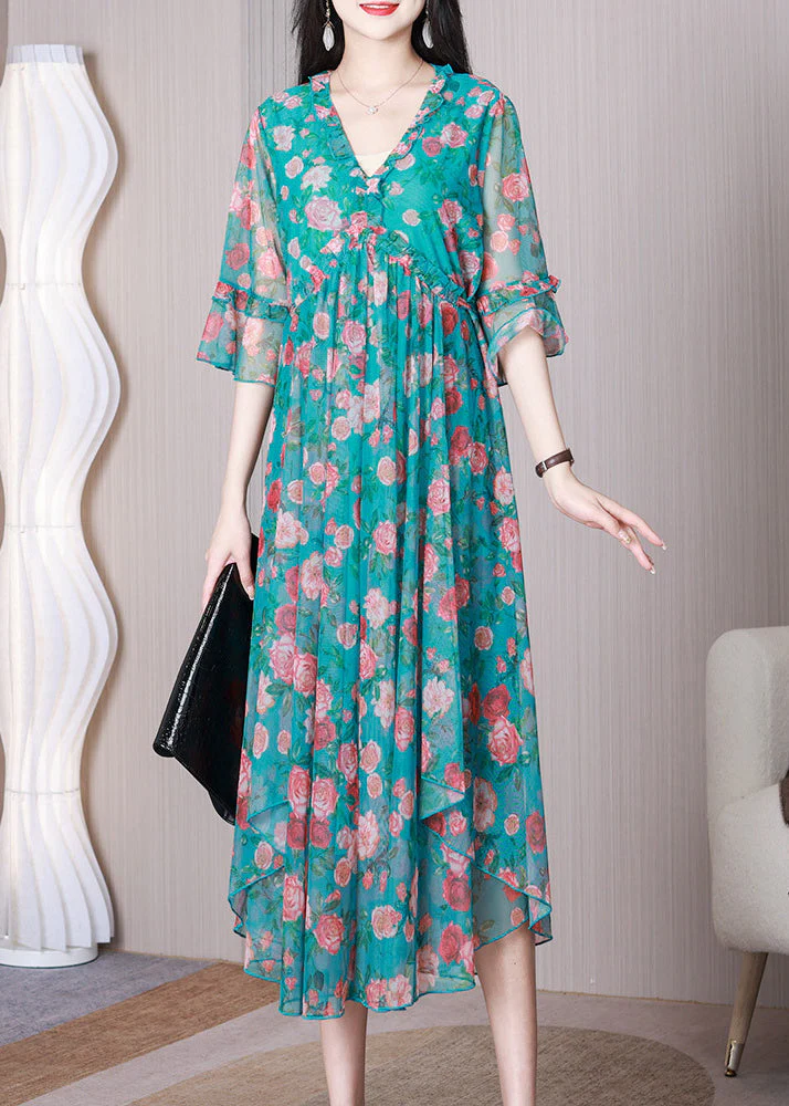 New Blue V Neck Wrinkled Print Chiffon Dress Flare Sleeve - Image 3