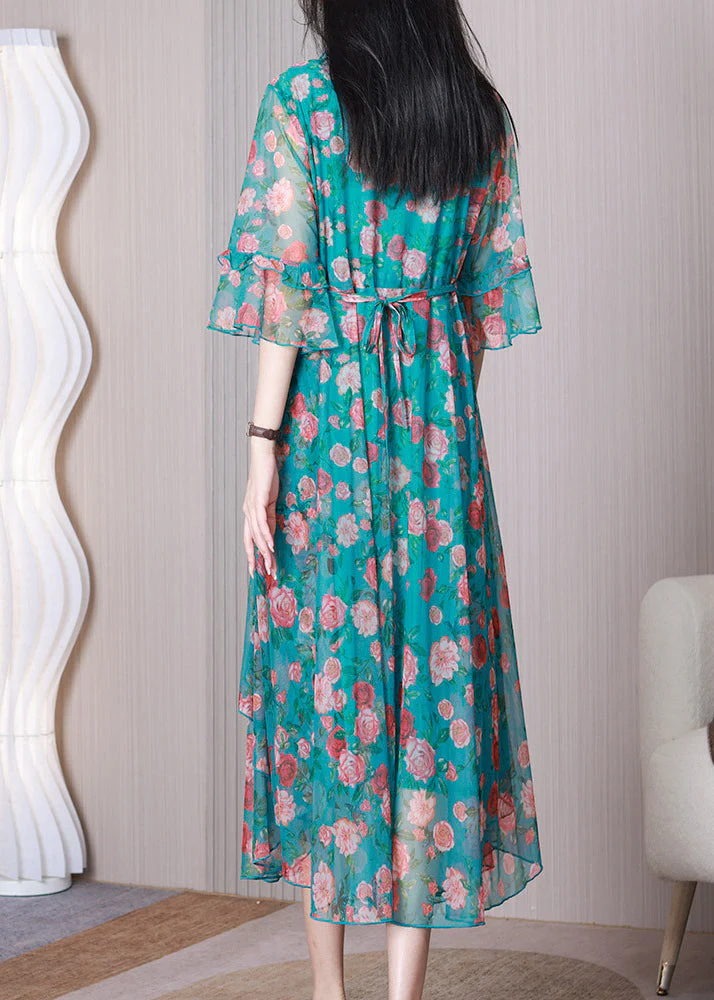 New Blue V Neck Wrinkled Print Chiffon Dress Flare Sleeve - Image 4