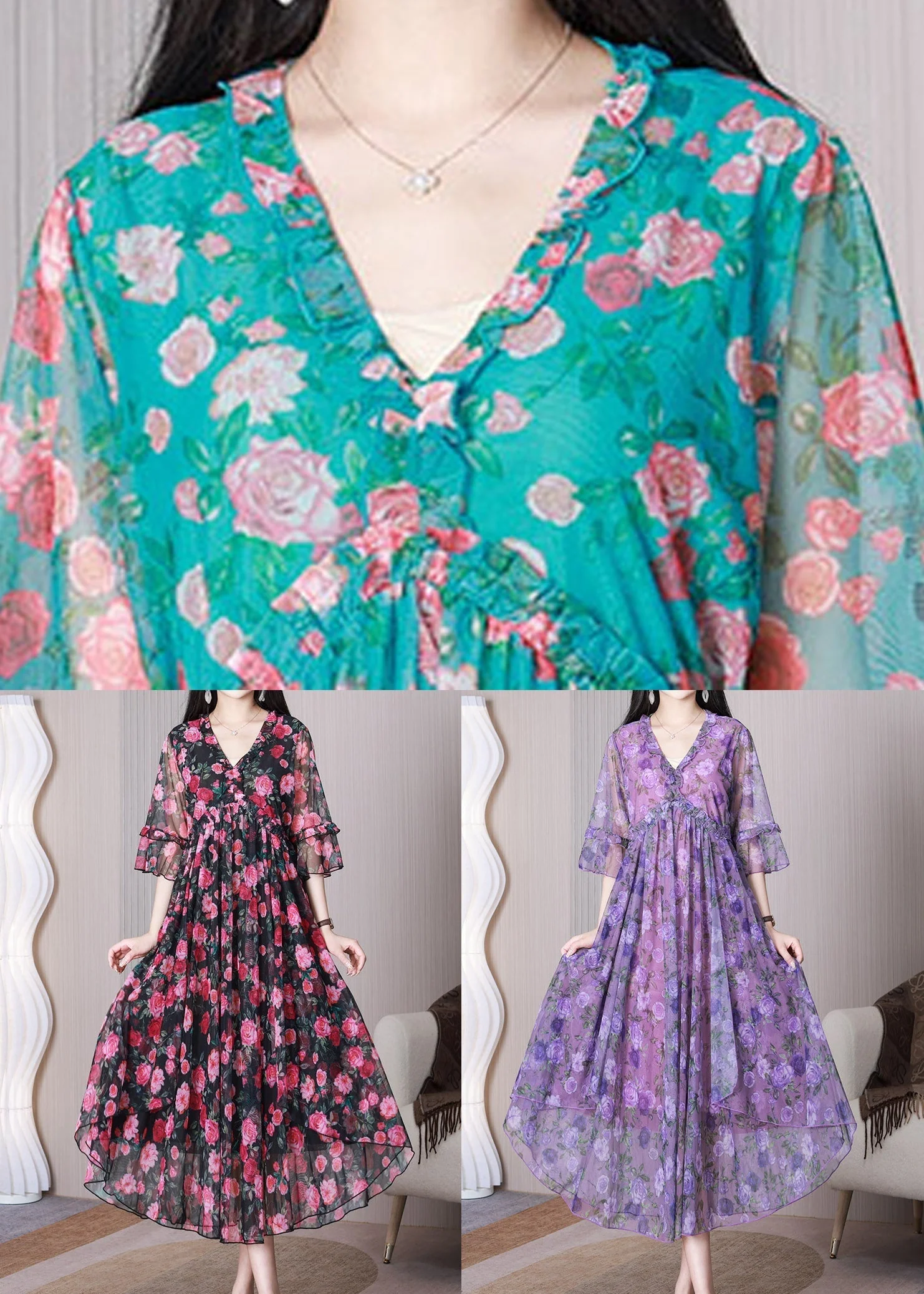 New Blue V Neck Wrinkled Print Chiffon Dress Flare Sleeve - Image 5