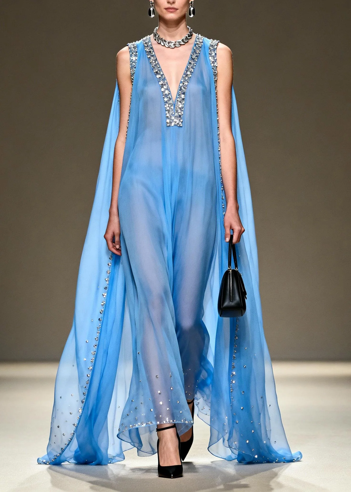New Blue V Neck Zircon Patchwork Chiffon Maxi Dresses Summer - Image 3
