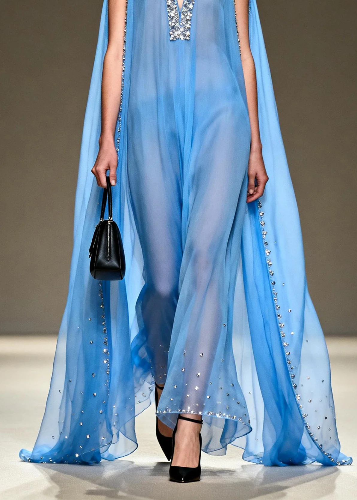 New Blue V Neck Zircon Patchwork Chiffon Maxi Dresses Summer - Image 4
