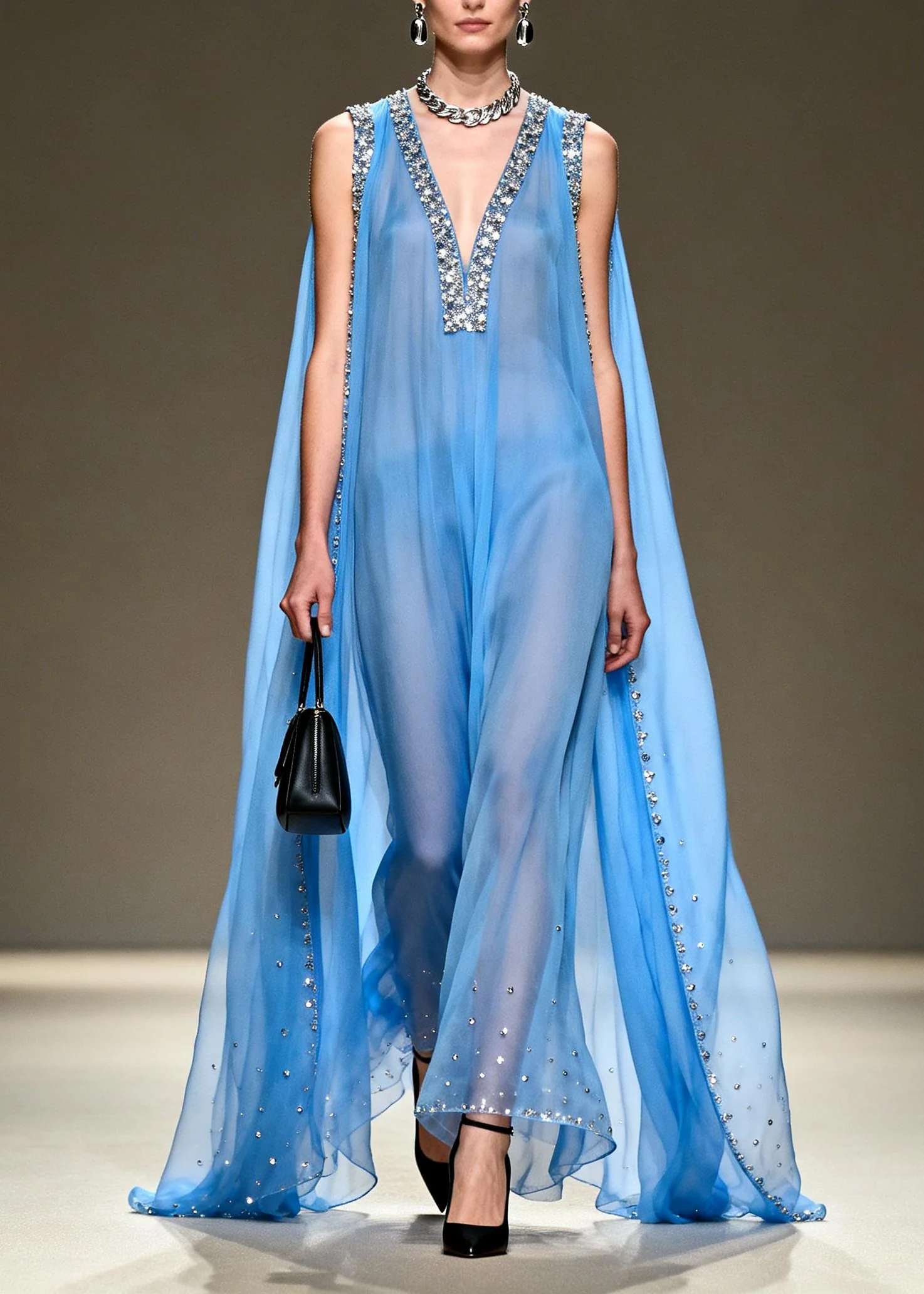 New Blue V Neck Zircon Patchwork Chiffon Maxi Dresses Summer - Image 5
