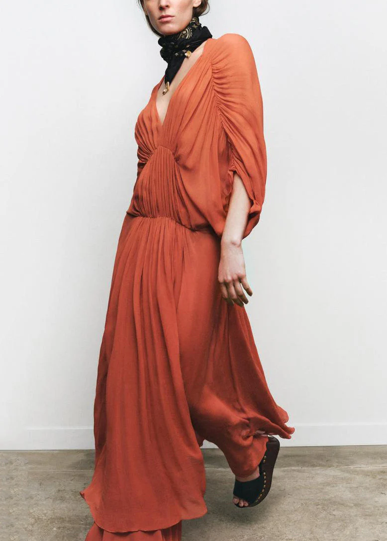 New Brick Red V Neck Wrinkled Cotton Long Dress Batwing Sleeve