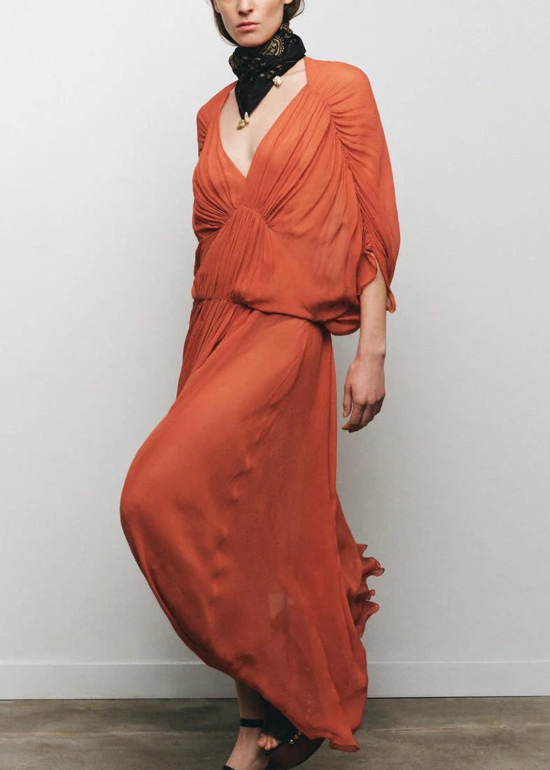 New Brick Red V Neck Wrinkled Cotton Long Dress Batwing Sleeve - Image 3