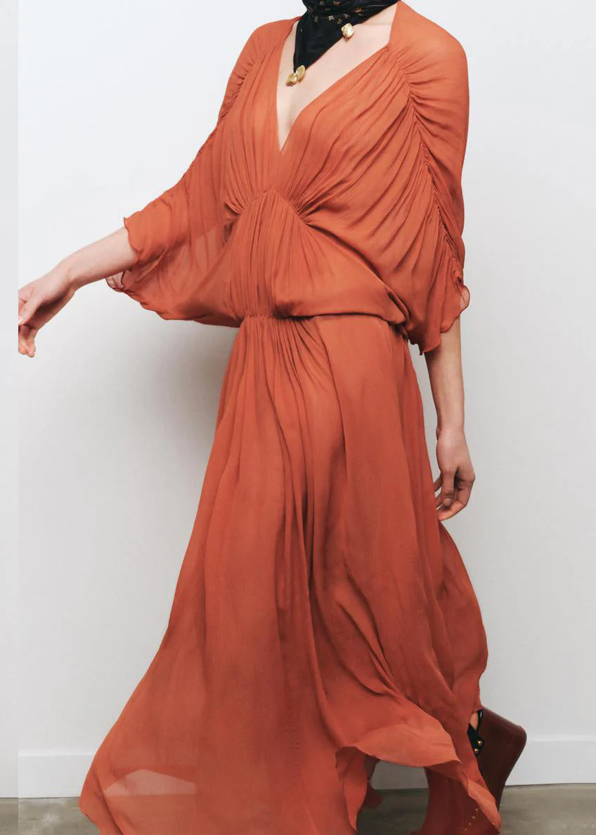 New Brick Red V Neck Wrinkled Cotton Long Dress Batwing Sleeve - Image 4