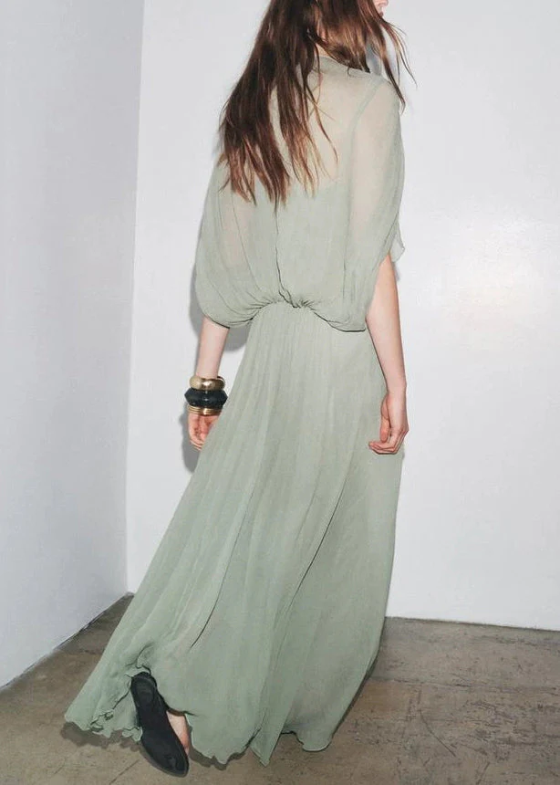 New Brick Red V Neck Wrinkled Cotton Long Dress Batwing Sleeve - Image 5