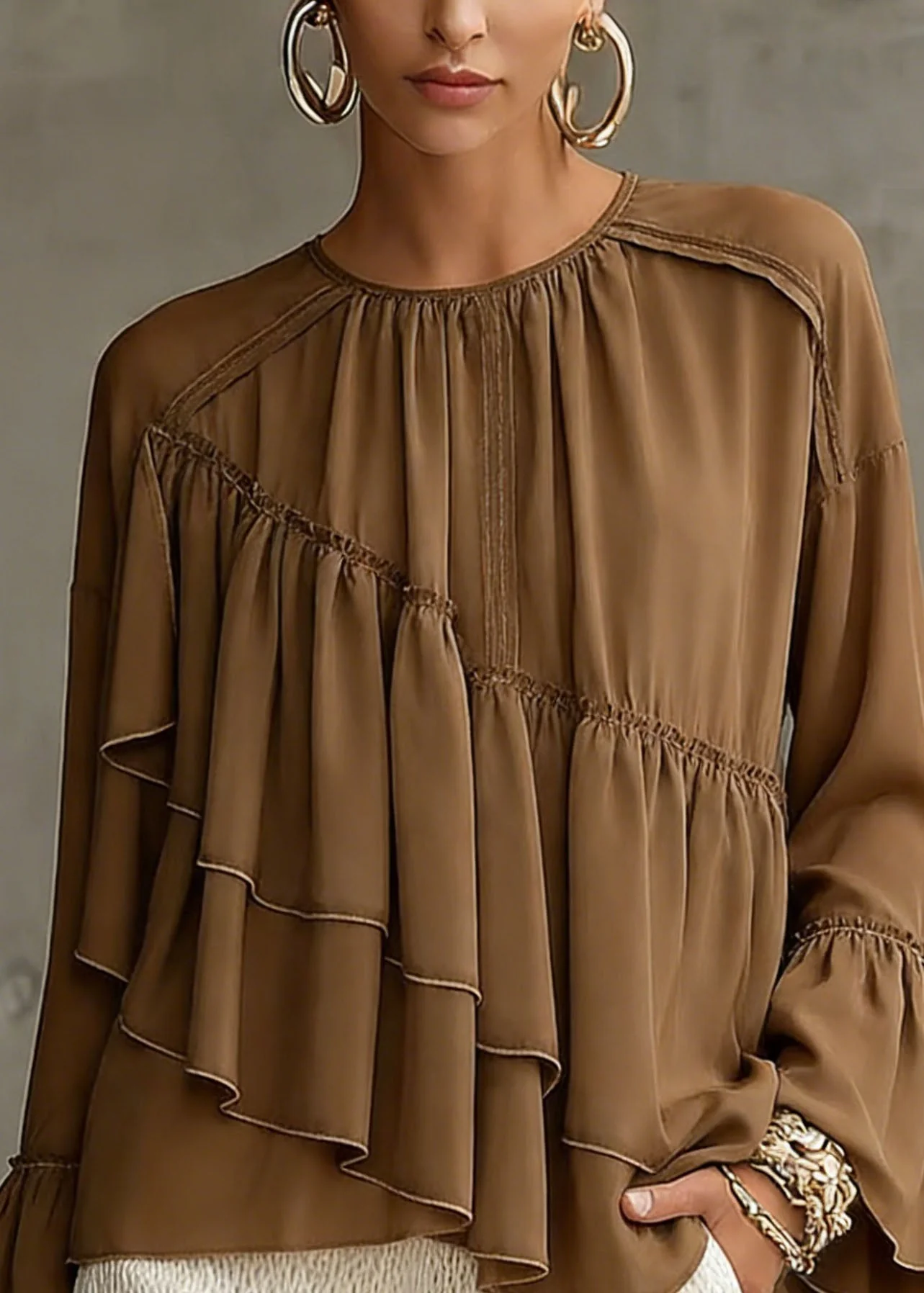 New Brown Asymmetrical Ruffled Patchwork Chiffon Shirt Top Spring - Image 2