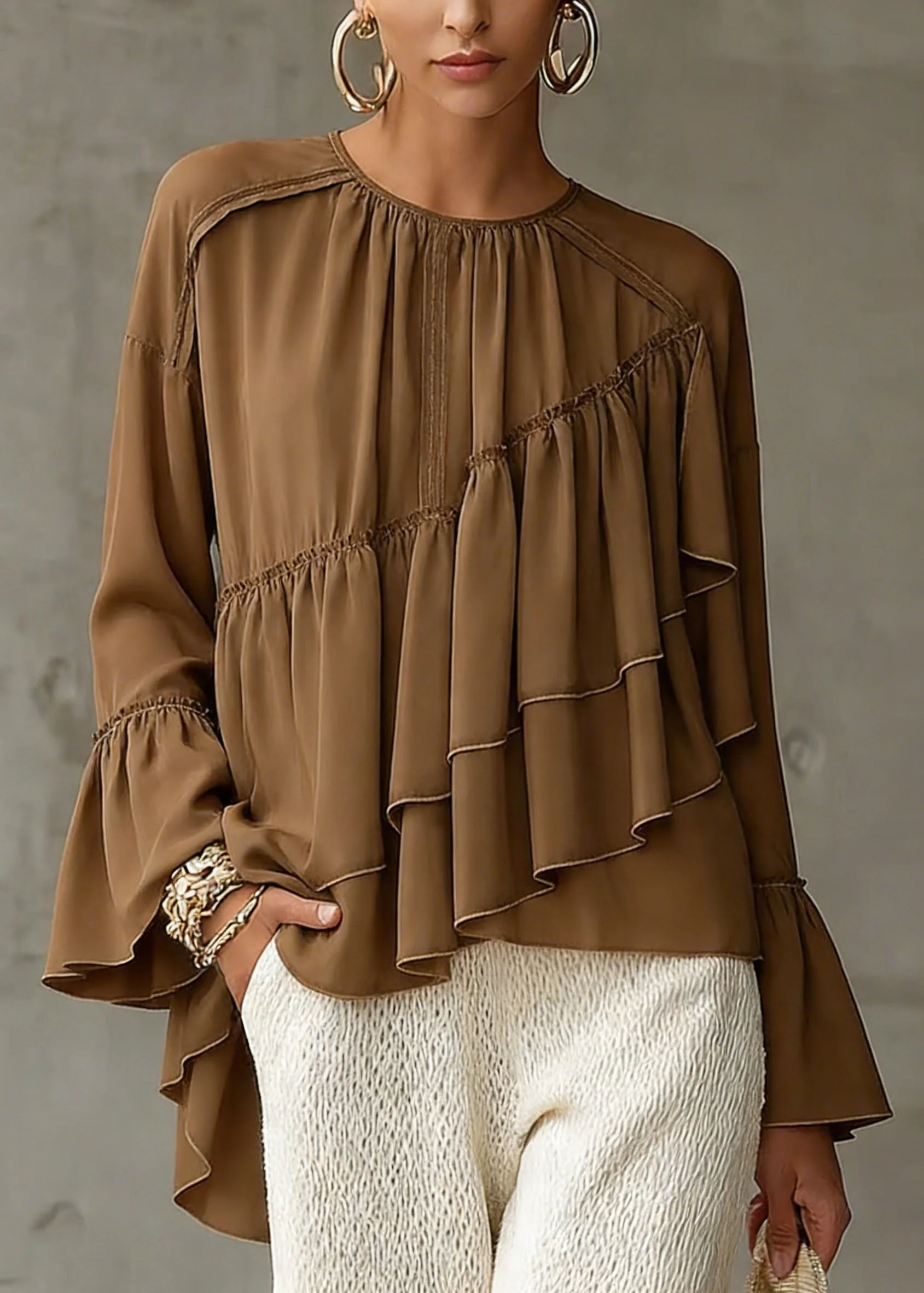 New Brown Asymmetrical Ruffled Patchwork Chiffon Shirt Top Spring - Image 3