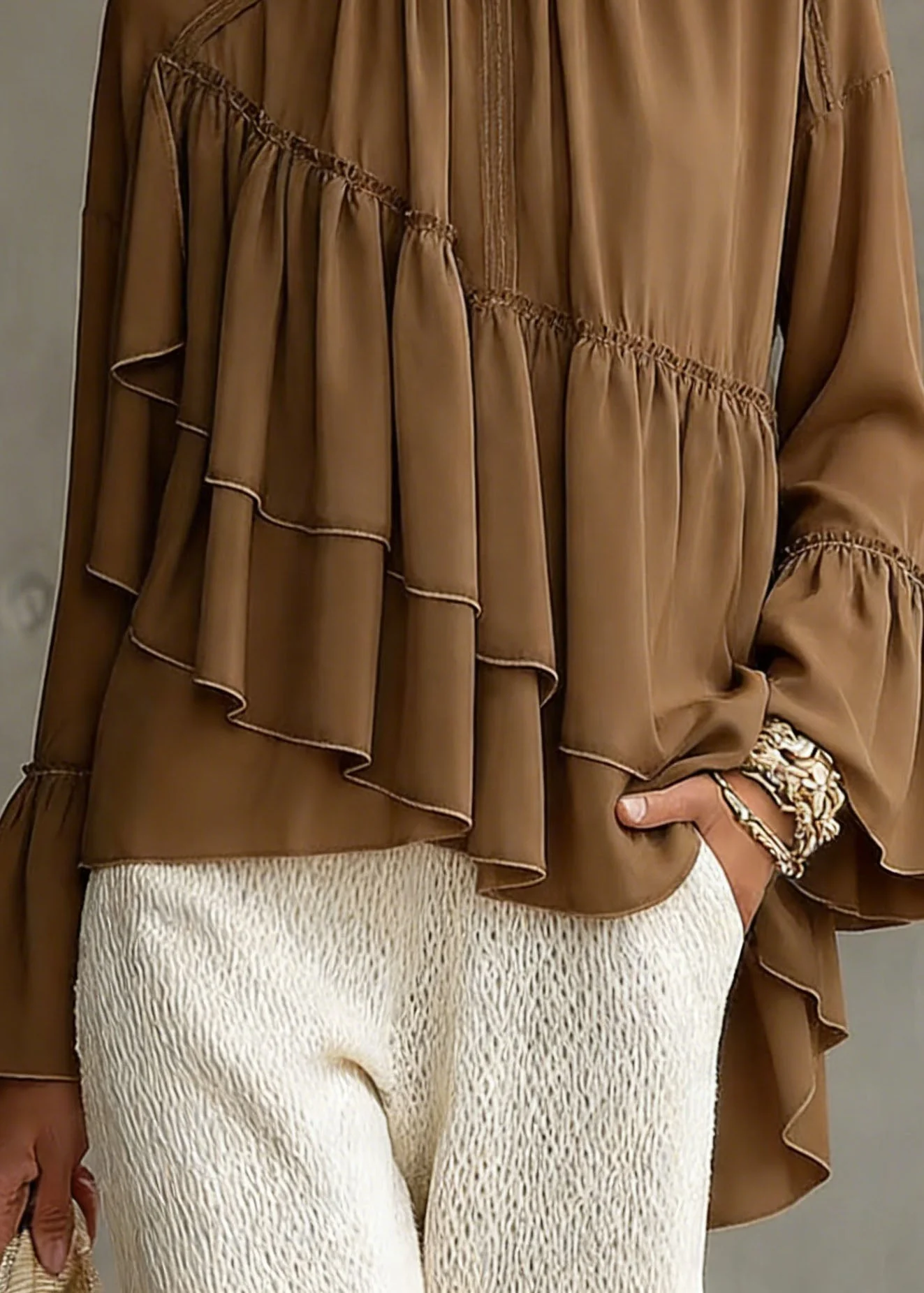 New Brown Asymmetrical Ruffled Patchwork Chiffon Shirt Top Spring - Image 4