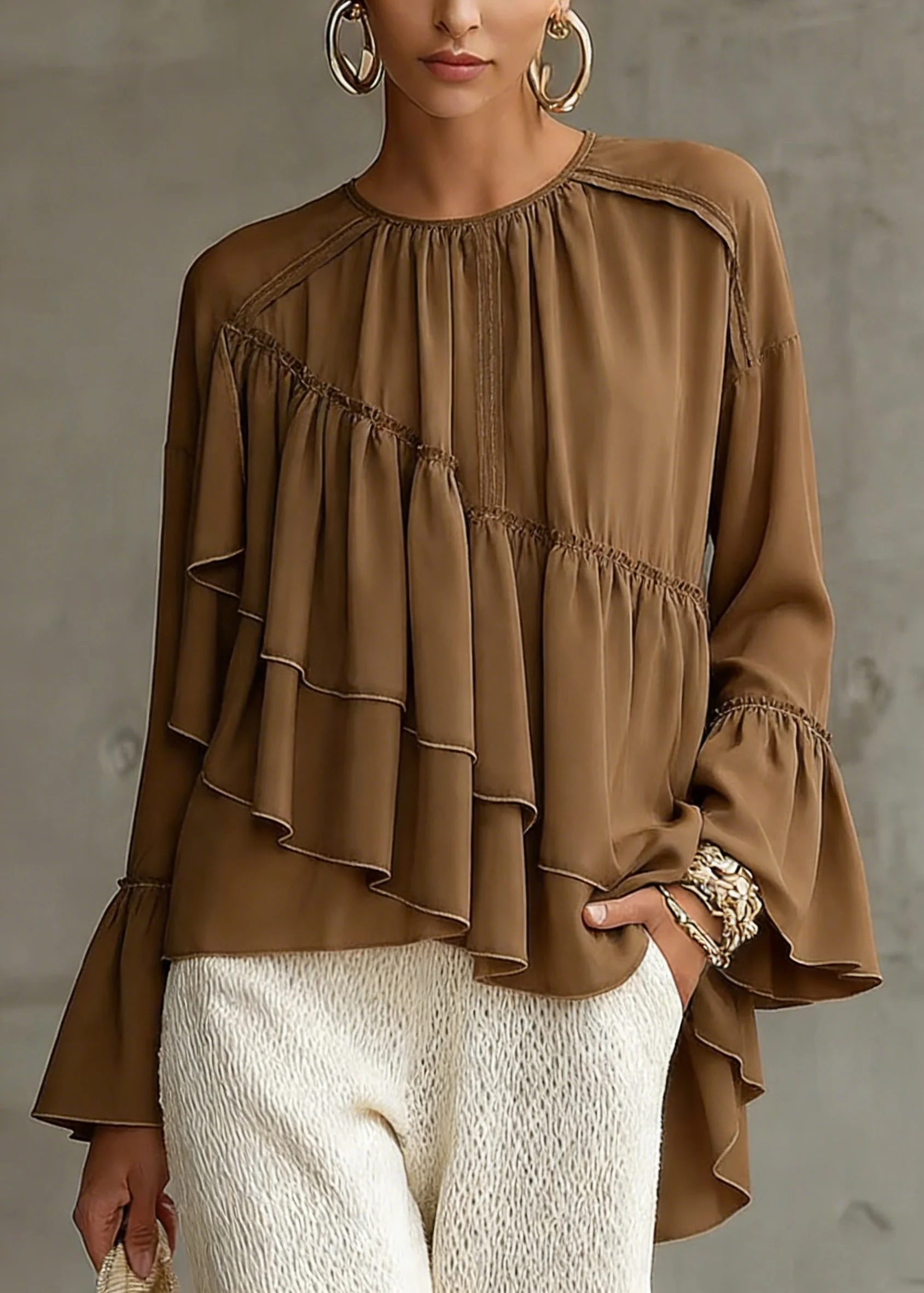 New Brown Asymmetrical Ruffled Patchwork Chiffon Shirt Top Spring - Image 5