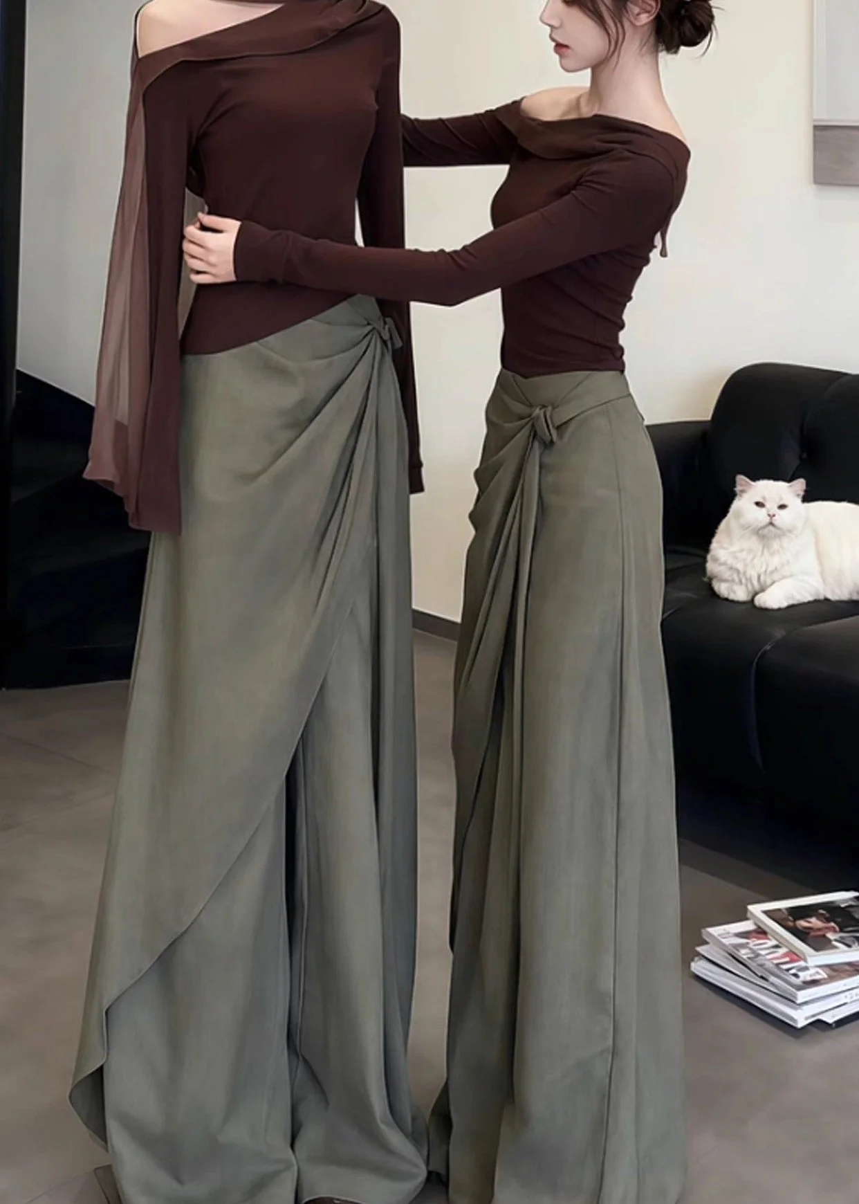 New Brown Cold Shoulder T Shirt And Asymmetrical Wide Leg Pants Two Pieces Set Spring - Image 3