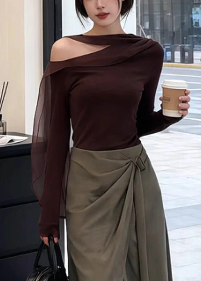 New Brown Cold Shoulder T Shirt And Asymmetrical Wide Leg Pants Two Pieces Set Spring - Image 4