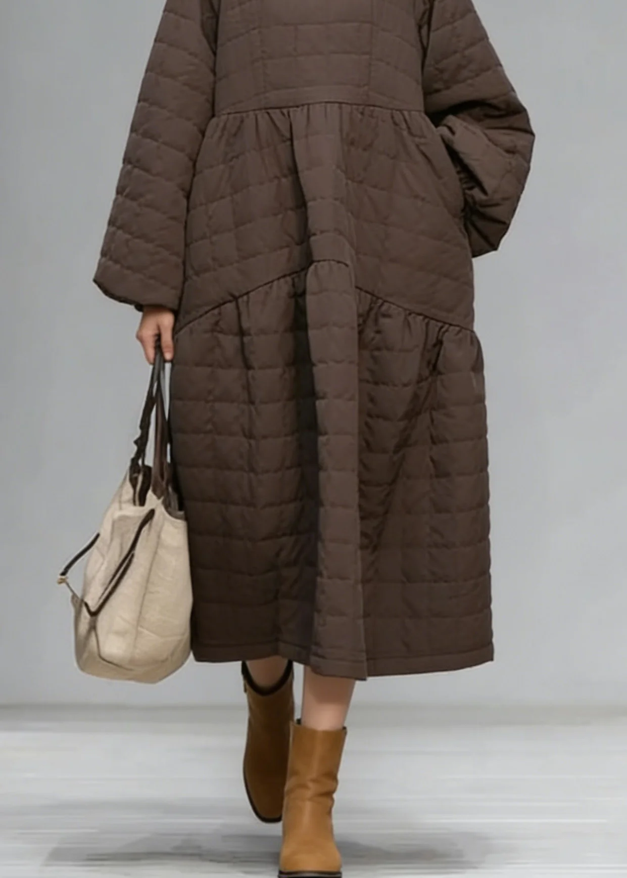 New Brown O Neck Patchwork Fine Cotton Filled Maxi Dress Winter - Image 4