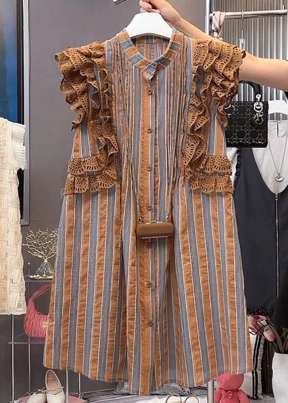 New Brown Ruffled Button Patchwork Cotton Mid Dress Sleeveless - Image 3